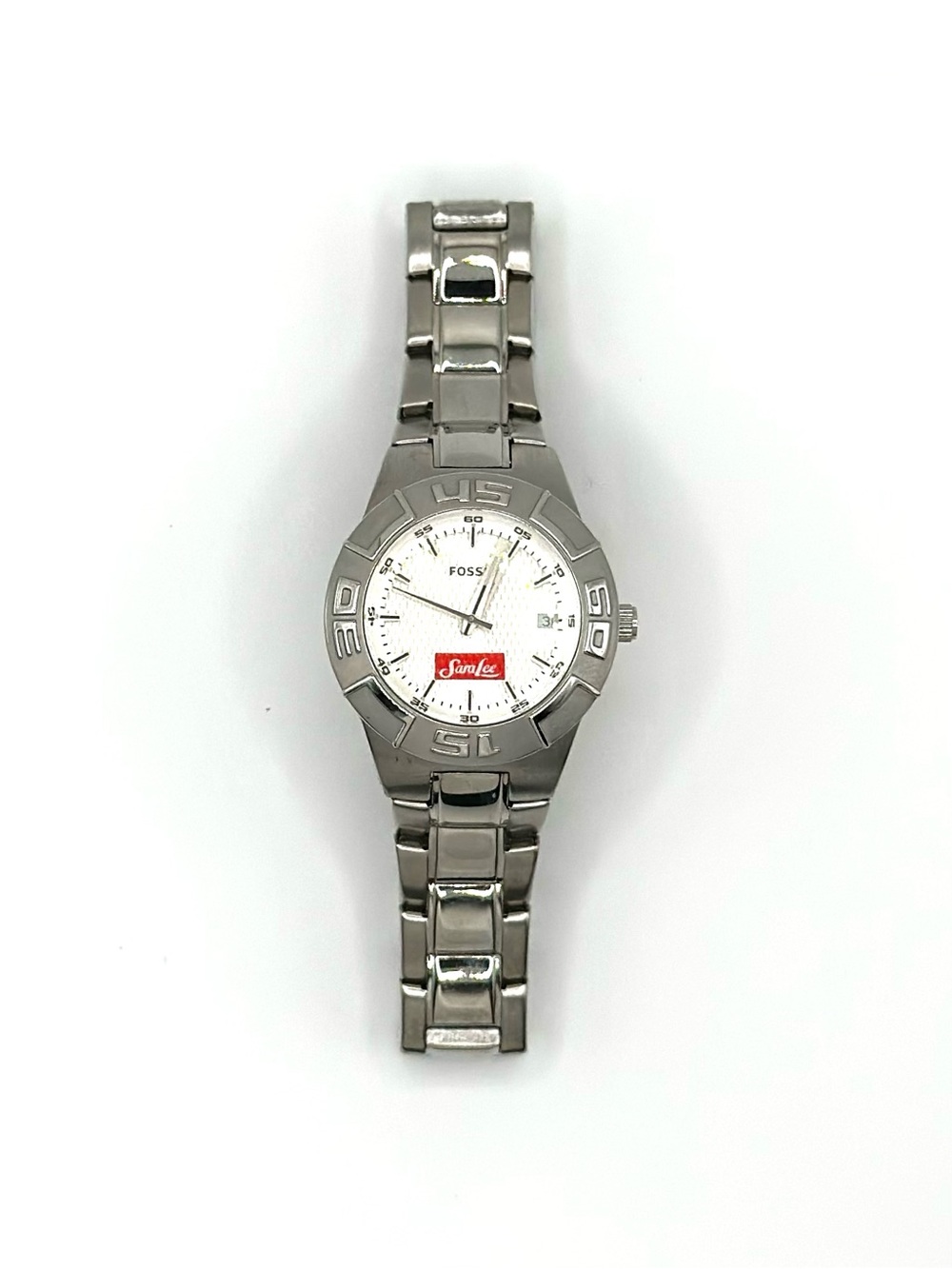 RARE sara lee Fossil Silver Stainless Steel Bracelet Watch with White Dial